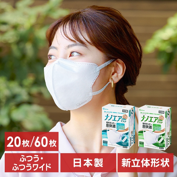 【60枚】マスク ナノエアーマスク 立体 ふつうワイドサイズ 20枚入り×3箱 RK-KN20M ホワイト