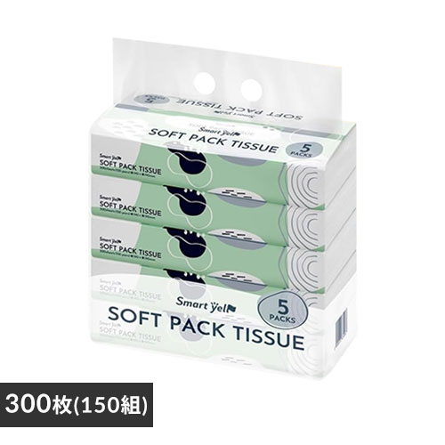 【ケース販売】ソフトパックティッシュ 150組 300枚x5P ピュアパルプ 100%