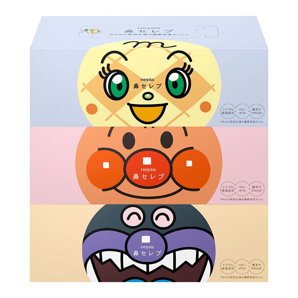 ティッシュ 保湿 ボックスティッシュ ネピア アンパンマン 鼻セレブティシュ 3個パック 360枚(180組) 110843 ティッシュ 保湿ティッシュ 鼻セレブ ネピア nepia 風邪 花粉 鼻づまり 鼻水 鼻炎 アンパンマン