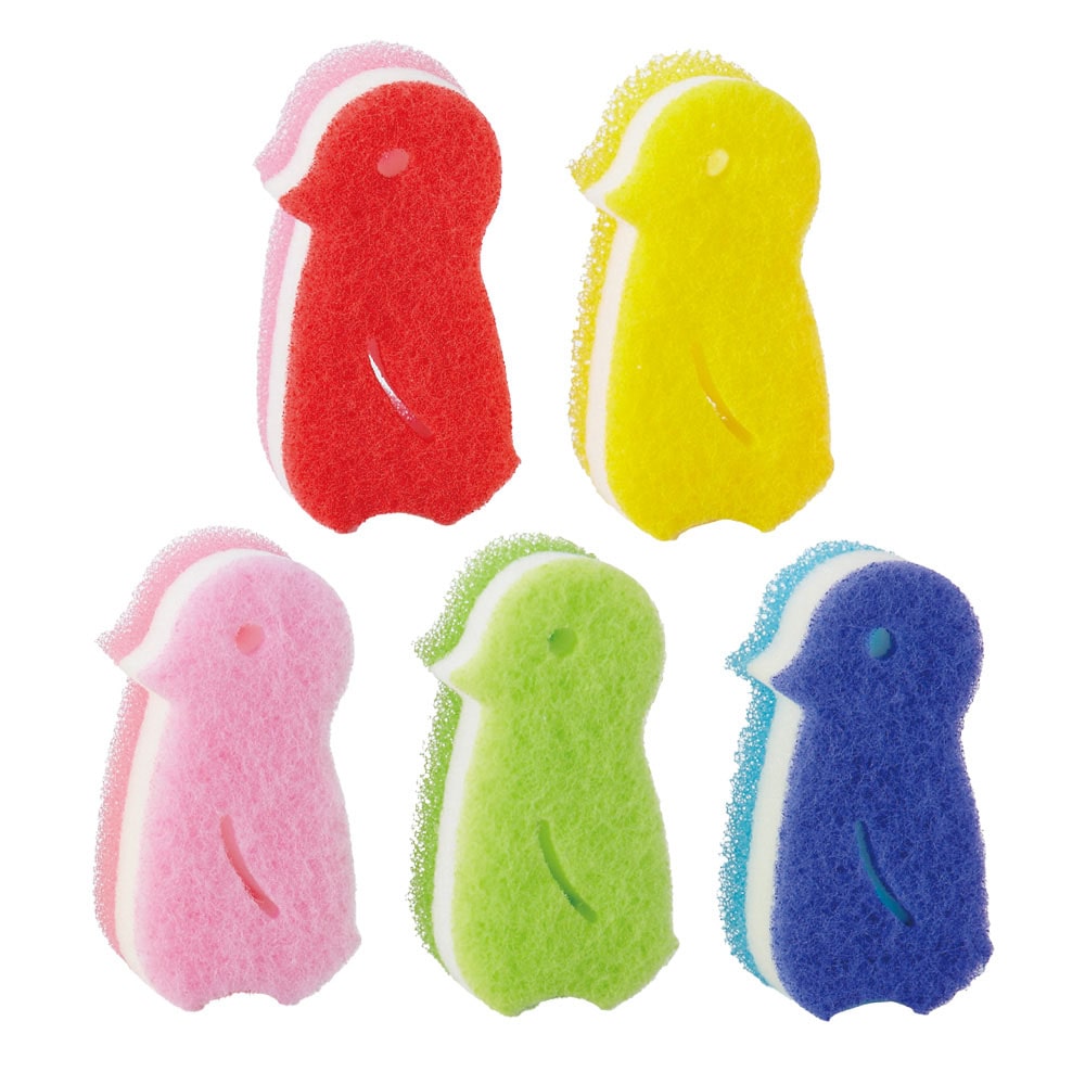 食器用スポンジ ペンギン 持ちやすい 5つ子ペンギンスポンジ キッチン用 66005600 食器用スポンジ ペンギン 持ちやすい 食器スポンジ 食器洗い スポンジ カラフル 鳥 動物 抗菌 3層 かわいい お徳用 お得用