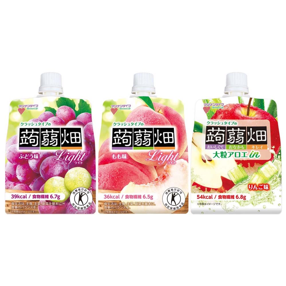 【30個】クラッシュタイプの蒟蒻畑 150g <br>蒟蒻畑 ゼリー パウチ こんにゃく 食物繊維 ヘルシー おやつ 果物 マンナンライフ 食感 特定保健用食品 マンナンライフ ライト_ぶどう味 ライト_もも味 大粒アロエinりんご味 アソート/ぶどう・もも・りんご