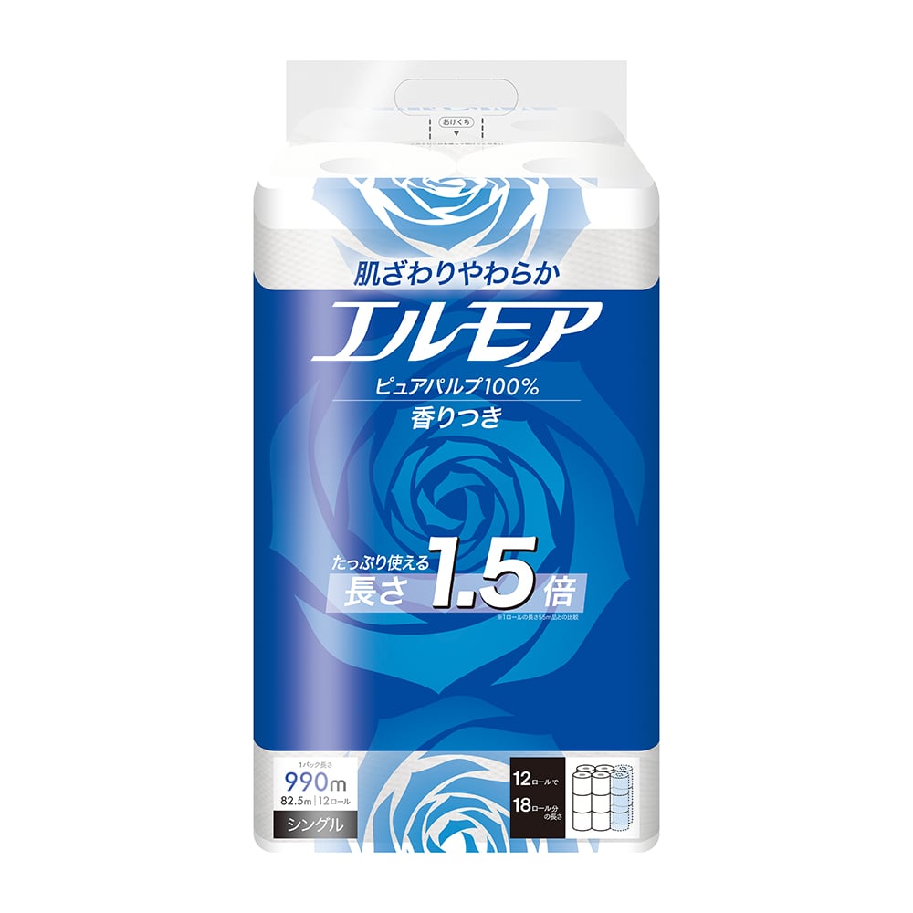 エルモア1.5倍巻き12RS82.5m 12RW45m 花の香り ピンク花の香り<br>トイレットペーパー エルモア 香り付き 1.5倍巻き 12ロール 長巻き パルプ100% 花の香り エンボス 82.5m カミ商事 シングル ダブル