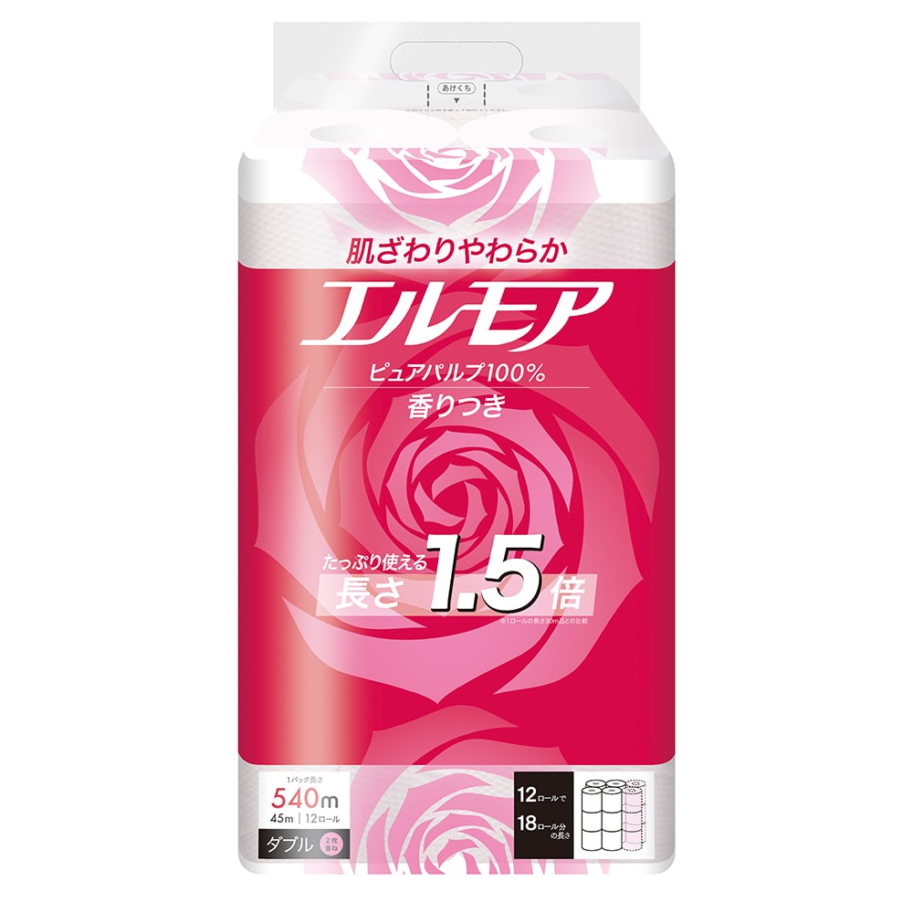 エルモア1.5倍巻き12RS82.5m 12RW45m 花の香り ピンク花の香り<br>トイレットペーパー エルモア 香り付き 1.5倍巻き 12ロール 長巻き パルプ100% 花の香り エンボス 82.5m カミ商事 シングル ダブル