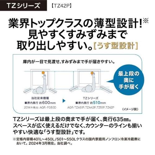 【標準設置料金込】【長期5年保証付】アクア(AQUA) AQR-TZ42P-T ﾀﾞｰｸｳｯﾄﾞﾌﾞﾗｳﾝ 4ドア冷蔵庫 観音開き 420L  幅700mm