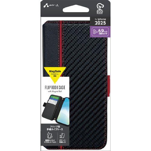 エアージェイ(air-j) AC-P25PX-PB-CBR カーボン調/レッド iPhone 17 Pro Max用 MagSafeアクセサリー対応 手帳タイプケース