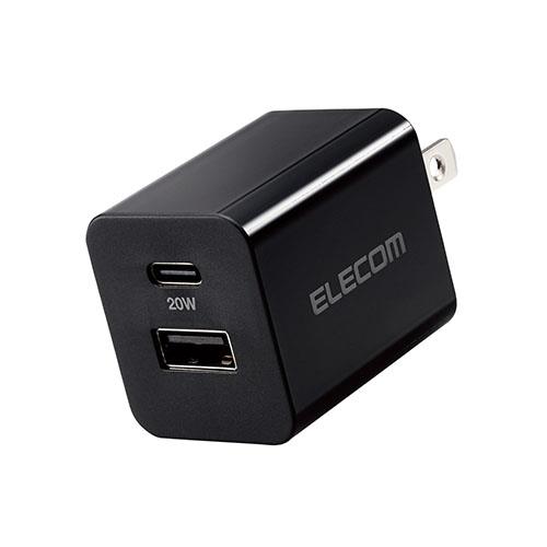 エレコム ELECOM MPA-ACCP36BK(ブラック) PD対応AC充電器 USB充電器 Type-C/USB-Aポート 最大出力20W