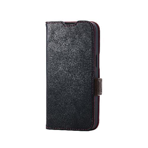 エレコム(ELECOM) PM-A25SPLFYBK ブラック iPhone 16e ケース レザー 手帳型 マグネット フラップ 衝撃吸収 ストラップホール付 スタンド機能付