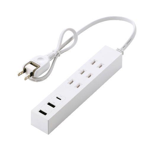 エレコム(ELECOM) T-U08-3A2C05WH ホワイト 延長コード 電源タップ 0.5m コンセント 3口 Type-C×1 USB-A×2 雷ガード ほこり防止シャッター