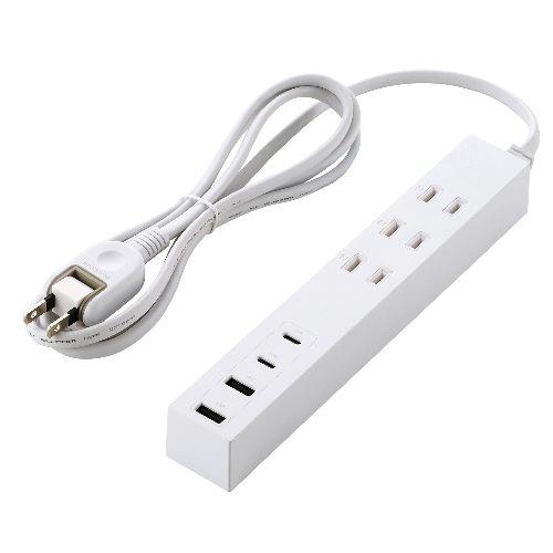 エレコム(ELECOM) T-U08-3A2C215WH ホワイト 延長コード 電源タップ 1.5m コンセント 3口 Type-C×2 USB-A×2 PD 20W 雷ガード 絶縁キャップ