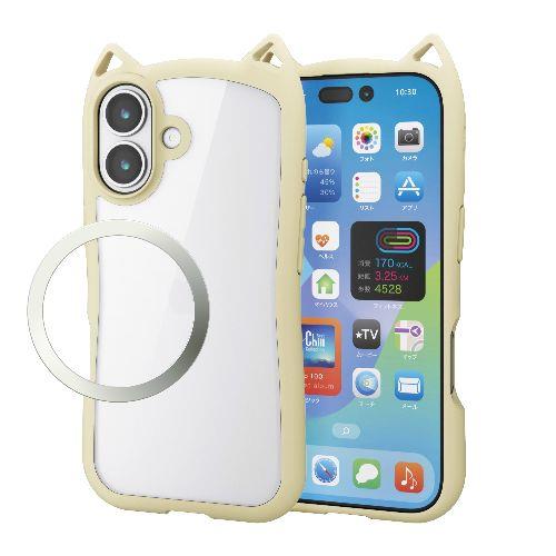 エレコム(ELECOM) PM-A25AFCCATBE キナコ iPhone17 ケース ハイブリッド 衝撃吸収 磁気吸着対応メタルステッカー付 猫耳デザイン 背面クリア
