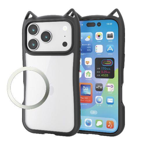 エレコム(ELECOM) PM-A25CFCCATBK ナイトキャット iPhone17 Pro ケース ハイブリッド 衝撃吸収 磁気吸着対応メタルステッカー付 猫耳デザイン