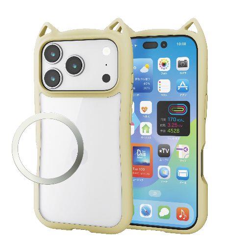 エレコム(ELECOM) PM-A25CFCCATBE キナコ iPhone17 Pro ケース ハイブリッド 衝撃吸収 磁気吸着対応メタルステッカー付 猫耳デザイン 背面クリア