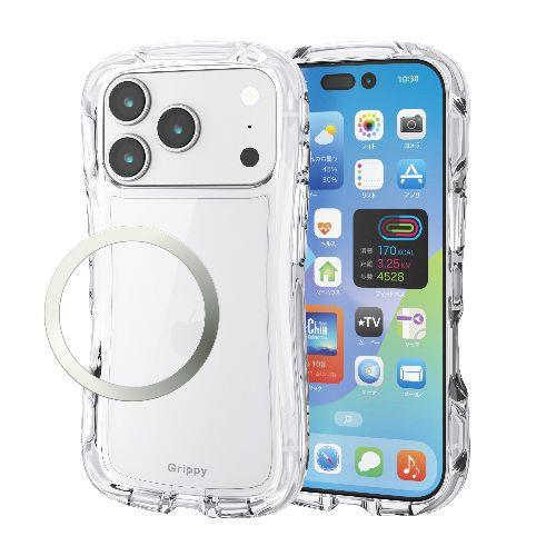 エレコム(ELECOM) PM-A25CGRPACR クリア iPhone17 Pro ケース ハイブリッド 衝撃吸収 磁気吸着対応メタルステッカー付 Grippy