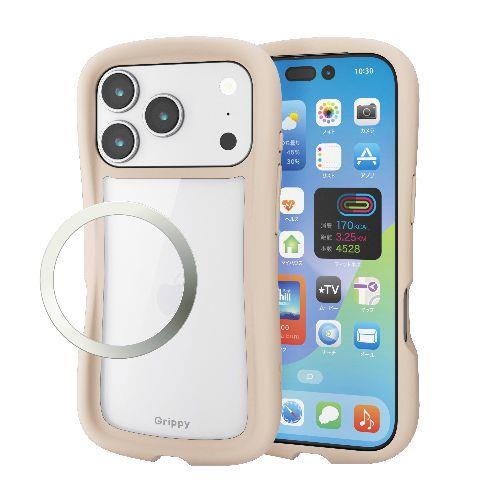 エレコム(ELECOM) PM-A25CGRPFCBE ベージュ iPhone17 Pro ケース ハイブリッド 衝撃吸収 磁気吸着対応メタルステッカー付 Grippy