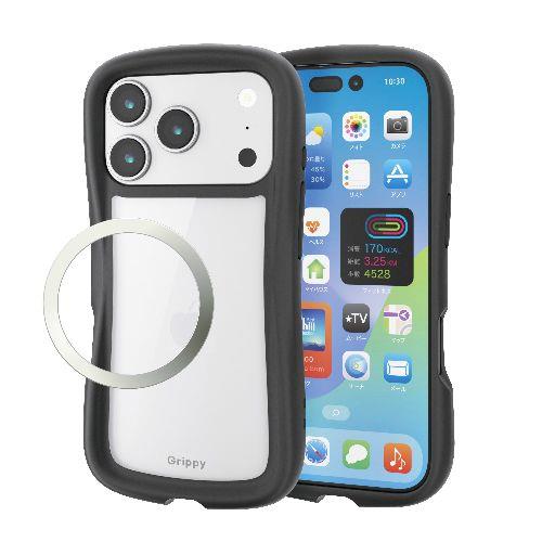 エレコム(ELECOM) PM-A25CGRPFCBK ブラック iPhone17 Pro ケース ハイブリッド 衝撃吸収 磁気吸着対応メタルステッカー付 Grippy