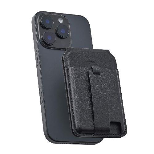 エレコム(ELECOM) AMS-MAGCSBBK ブラック MagSafe カードケース スタンド iPhone用 磁気防止シート付 3枚収納 マット素材 バンド付 MAGKEEP