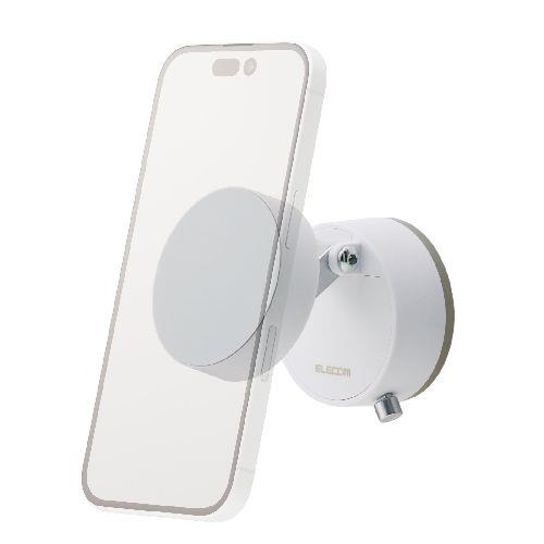 エレコム(ELECOM) P-DSMSCWWH ホワイト スマホホルダー マグネット MagSafe対応 真空吸盤固定 机 壁設置可能 折りたたみ式 メタルプレート付