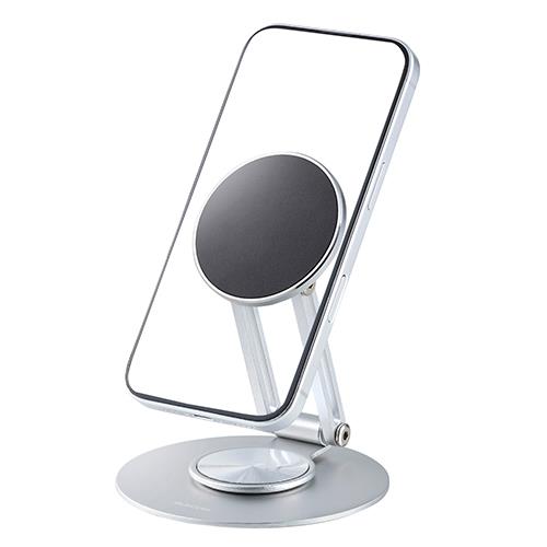 エレコム(ELECOM) P-DSM360AL01NSV シルバー MagSafe マグネット スマホスタンド 台座360°回転 角度調整 折りたたみ 卓上 メタルプレート付属
