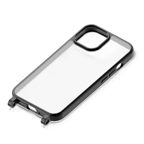 PGA iPhone15用 ショルダーストラップホール付クリアハイブリッドケース ブラック