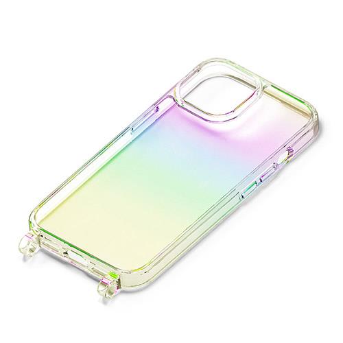 PGA iPhone15用 ショルダーストラップホール付クリアハイブリッドケース オーロラ