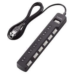エレコム(ELECOM) T-K8A-2625BK ブラック 雷ガードタップ 一括&個別スイッチ付 延長コード 2ピン 6個口 2.5m