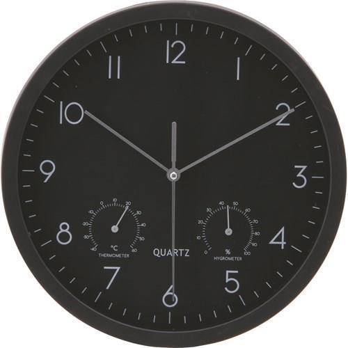 不二貿易 【完成品】 掛時計温湿度計付 ベゼル 25cm BK 26333【代引・日時指定・キャンセル不可・北海道沖縄離島配送不可】