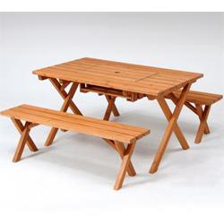 不二貿易 【組立品】 杉材 BBQテーブル&ベンチセット コンロスペース付 81761【代引・日時指定・キャンセル不可・北海道沖縄離島配送不可】