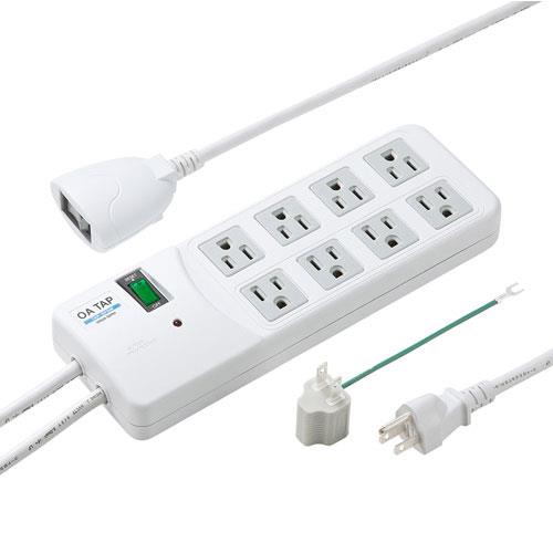 サンワサプライ 雷ガードタップ 8個口 上挿し 2.5m TAP-SP308 ホワイト