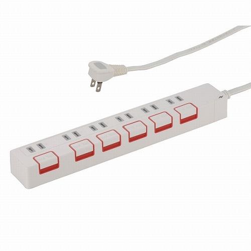 オーム電機(OHM) HS-K1150W 雷ガード＆個別押しボタンスイッチ付き 節電タップ 6個口 2.5m 00-1150