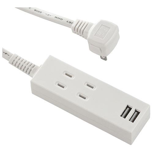 オーム電機(OHM) HS-TU22PBT-W USBポート付安全タップ 2個口 上挿し 2m 00-4392