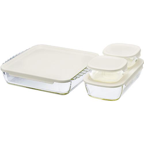 ハリオ(HARIO) HKOZ-5004-OW オフホワイト スタッキングコンテナ スクエア 4個セット 耐熱ガラス製