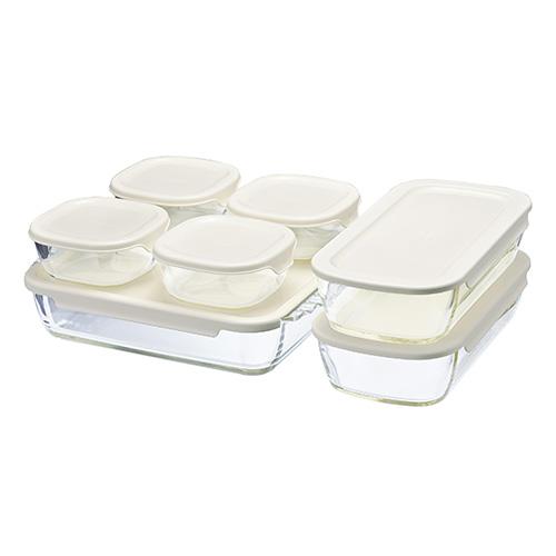 ハリオ(HARIO) HKOZ-8002-OW オフホワイト スタッキング耐熱ガラスコンテナ・スクエア 7個セット