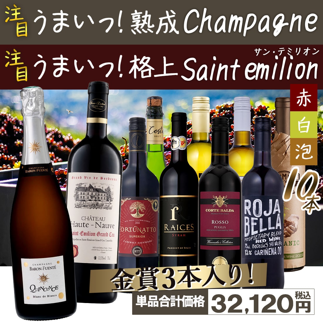 偉大なサン・テミリオン＆熟成シャンパン入　銘品ワイン赤白泡 10本セット【FD】
