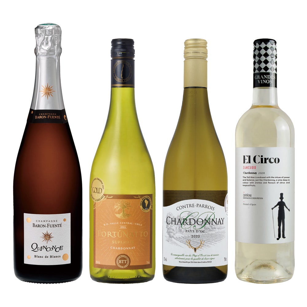ブラン・ド・ブランシャンパーニュと3か国シャルドネ飲み比べ 4本セット【FD】