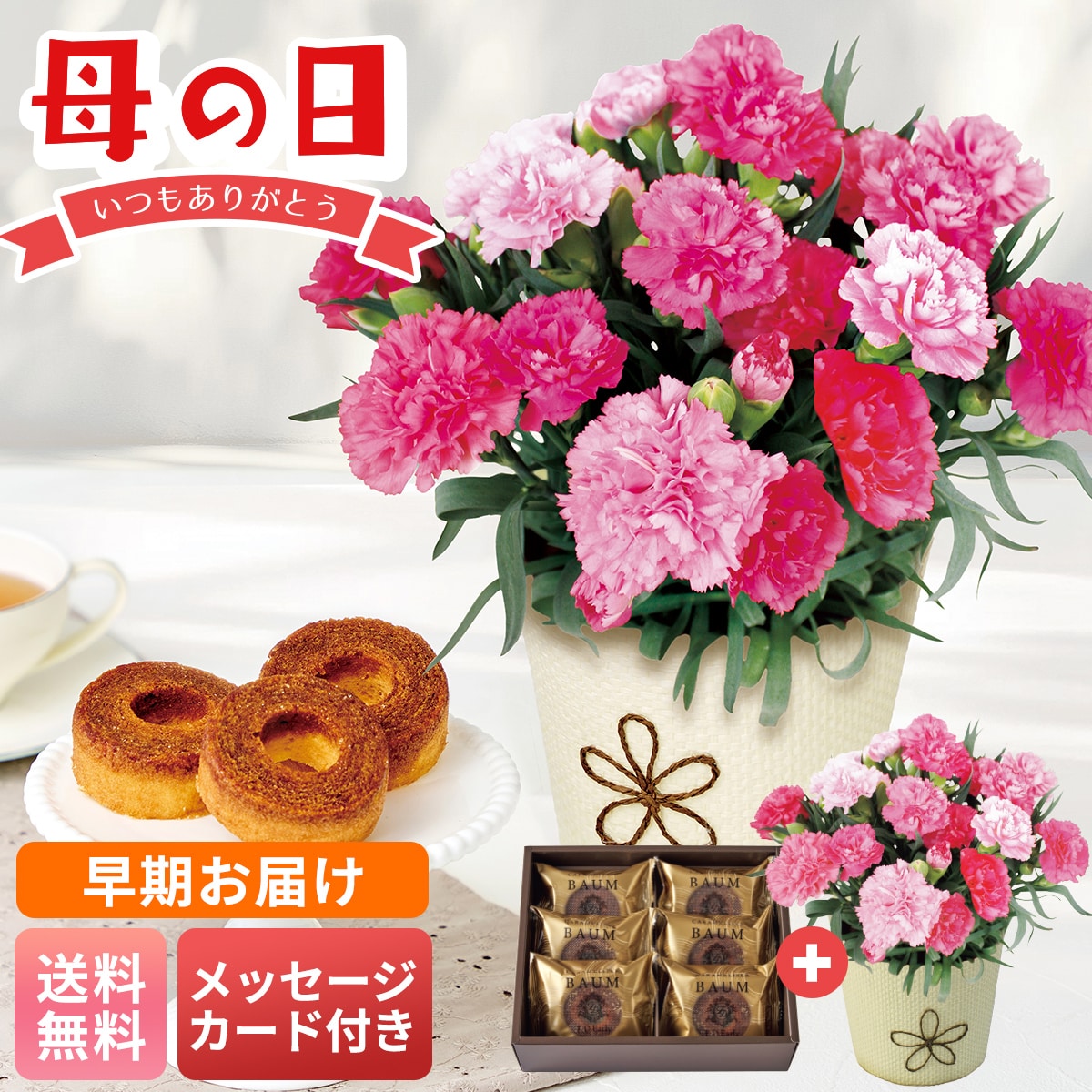 早期お届け 母の日 早割 ギフト プレゼント 贈り物 2026 送料無料カーネーション（ホットハート）とT.D.Early キャラメリゼバウムB40-1【GF】
