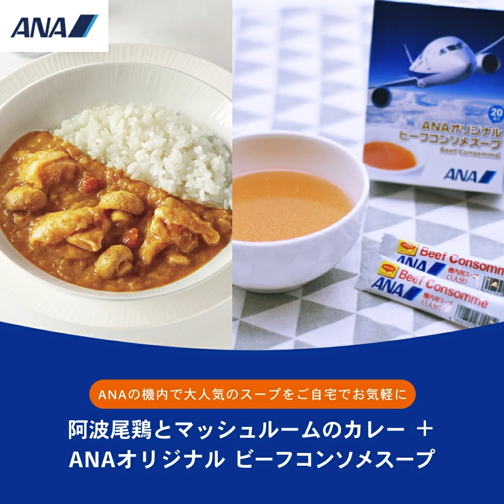ANA FINDELISH 阿波尾鶏とマッシュルームのカレー 2個＋ANAオリジナルビーフコンソメスープ セット