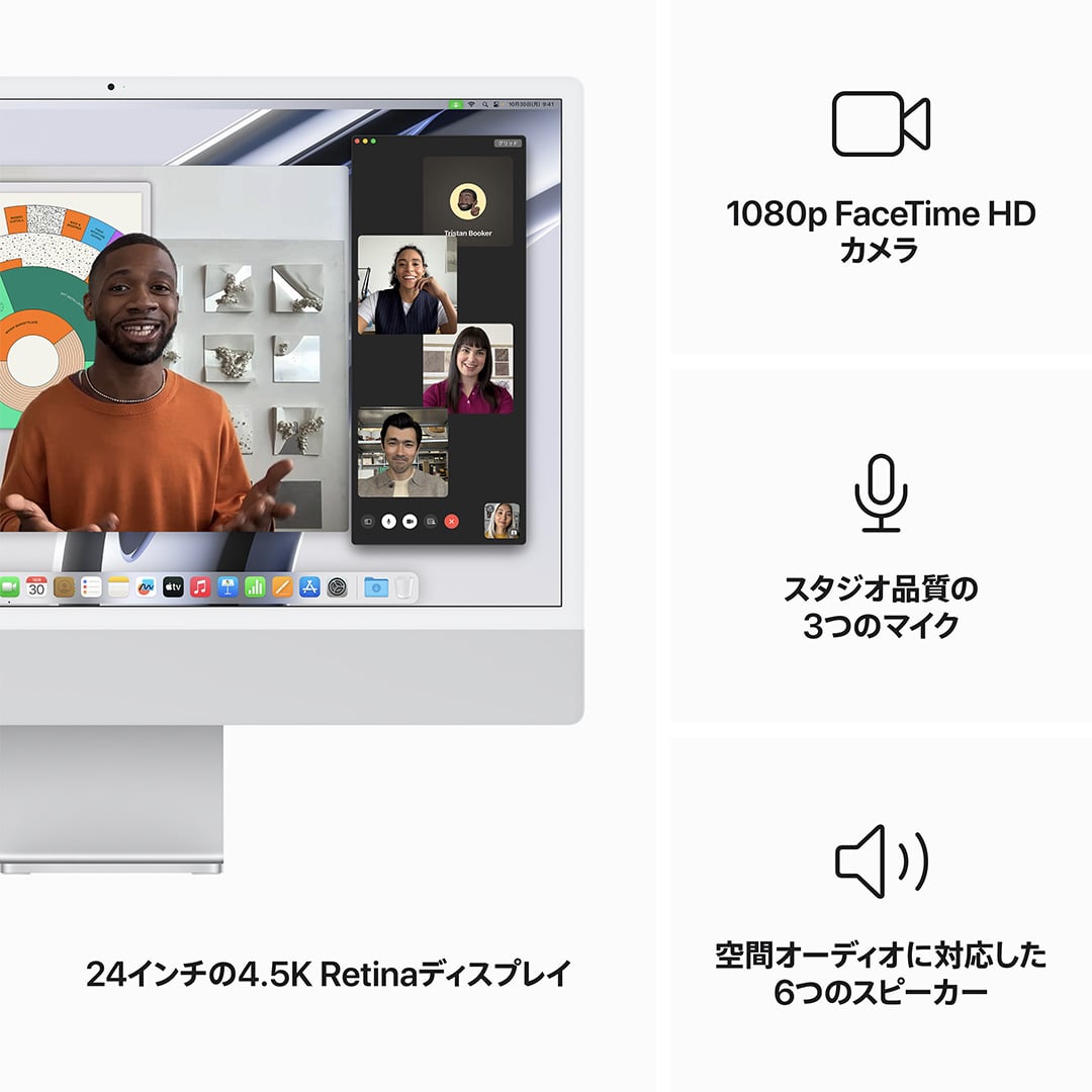 24インチiMac 4.5Kディスプレイモデル: 512GB 8GBユニファイドメモリ 8コアCPUと10コアGPUを搭載したApple  AppleCare+ M3チップ, Retina with シルバー - Solisege