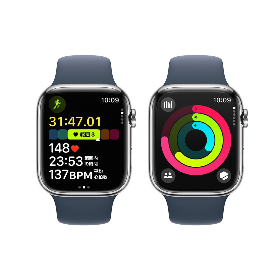 Apple Watch Series 9（GPS + Cellularモデル）-  45mmシルバーステンレススチールケースとストームブルースポーツバンド - M/L with AppleCare+