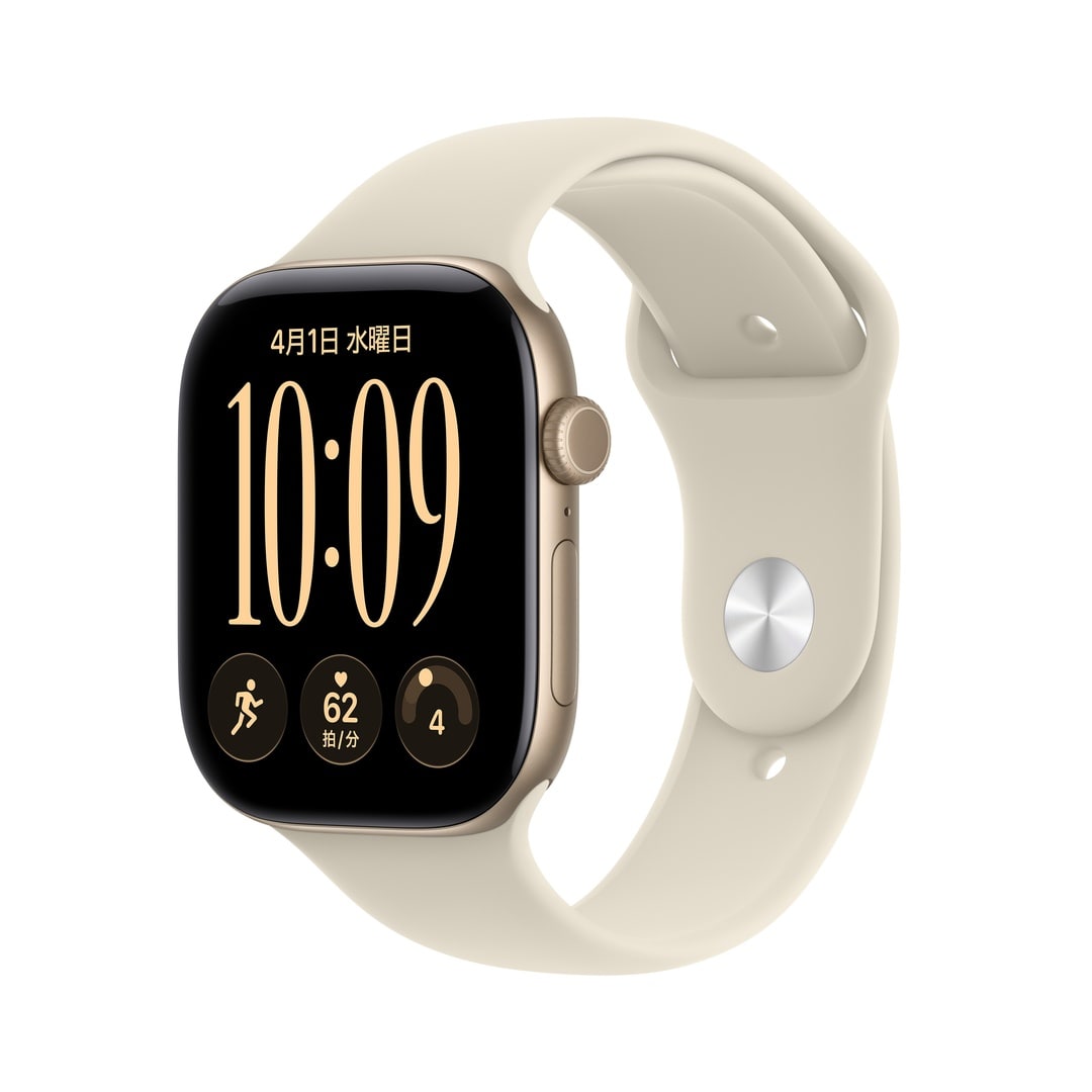 Apple Watch Series 12(GPS + Cellularモデル)- 46mmライトゴールドアルミニウムケースとサンドスポーツバンド - S/M