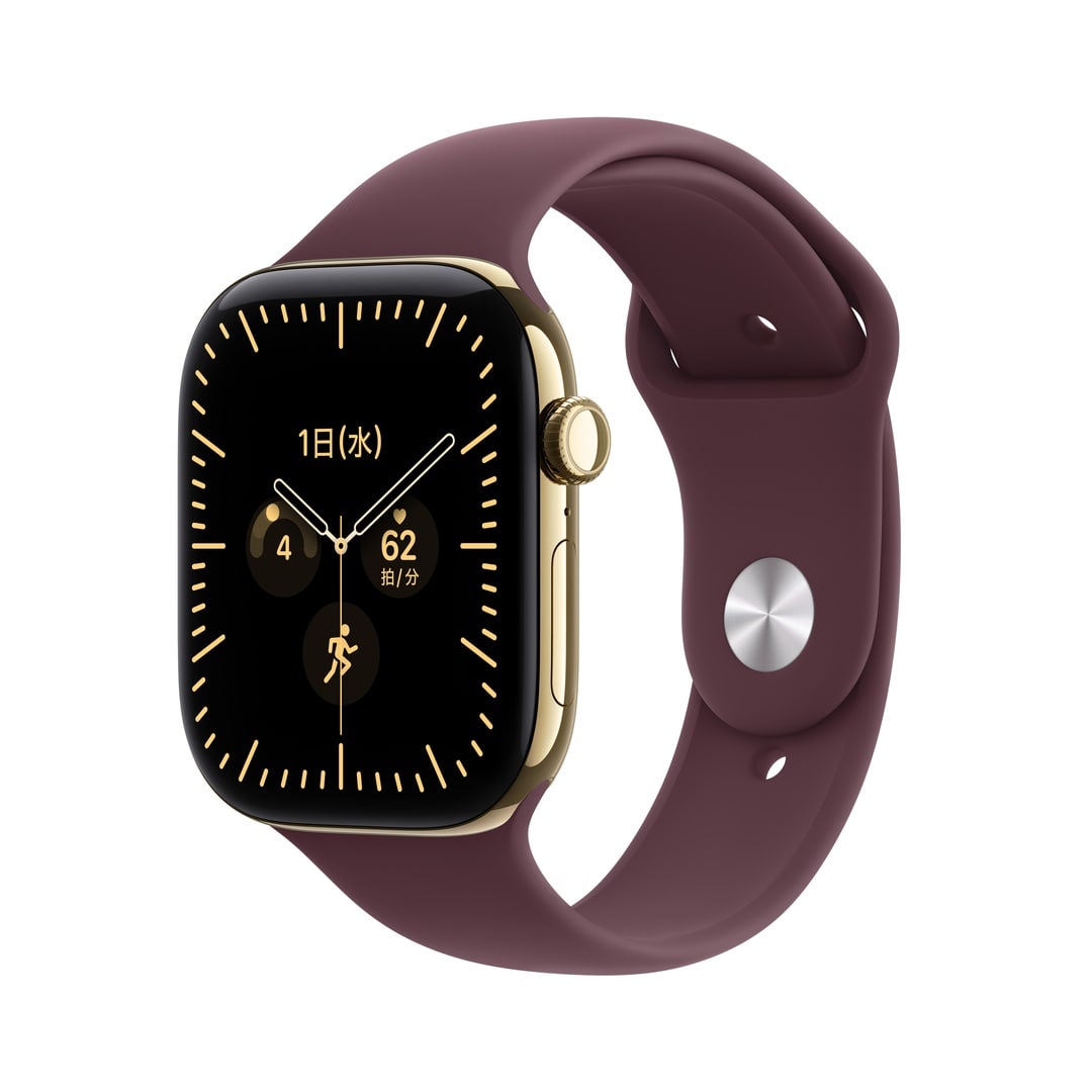 Apple Watch Series 12(GPS + Cellularモデル)- 46mmラディアントゴールドチタニウムケースとバーガンディスポーツバンド - S/M