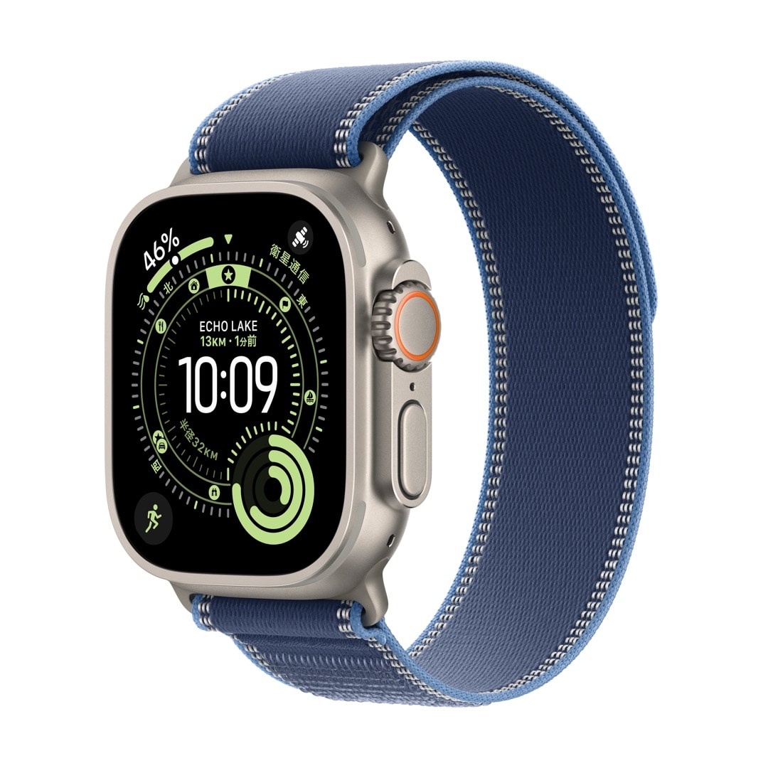 Apple Watch Ultra 3(GPS + Cellularモデル)- 49mmナチュラルチタニウムケースとブルー/ブライトブルートレイルループ - M/L