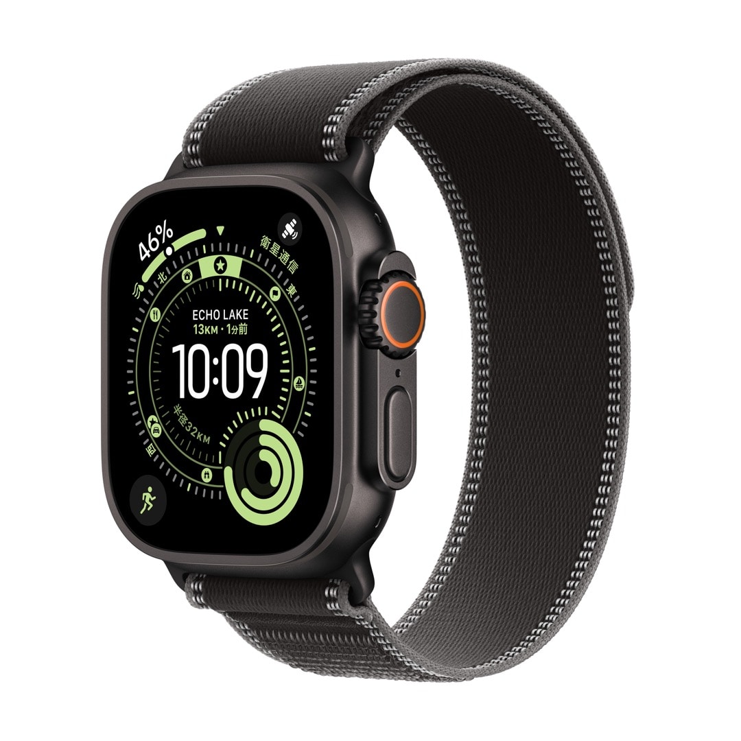 Apple Watch Ultra 3（GPS + Cellularモデル）- 49mmブラックチタニウムケースとブラック/チャコールトレイルループ - M/L