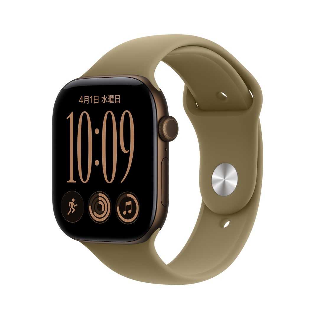 Apple Watch Series 12（GPS + Cellularモデル）- 46mmダークブロンズアルミニウムケースとオリーブスポーツバンド - S/M
