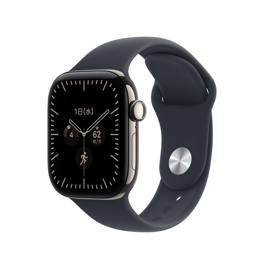 Apple Watch Series 12（GPS + Cellularモデル）- 42mmナチュラルチタニウムケースとネイビーブルースポーツバンド - S/M