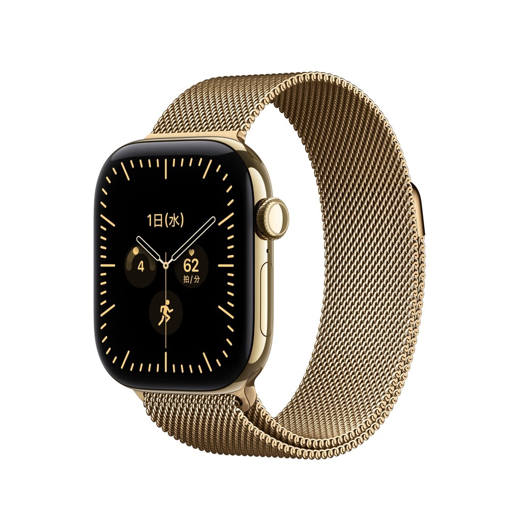 Apple Watch Series 12（GPS + Cellularモデル）- 42mmラディアントゴールドチタニウムケースとラディアントゴールドミラネーゼループ