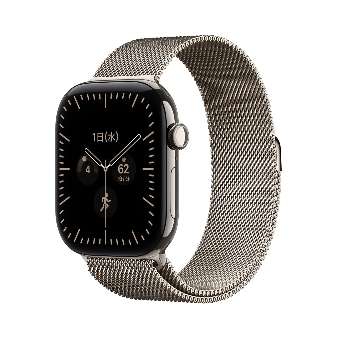 Apple Watch Series 12（GPS + Cellularモデル）- 46mmナチュラルチタニウムケースとナチュラルミラネーゼループ - S/M