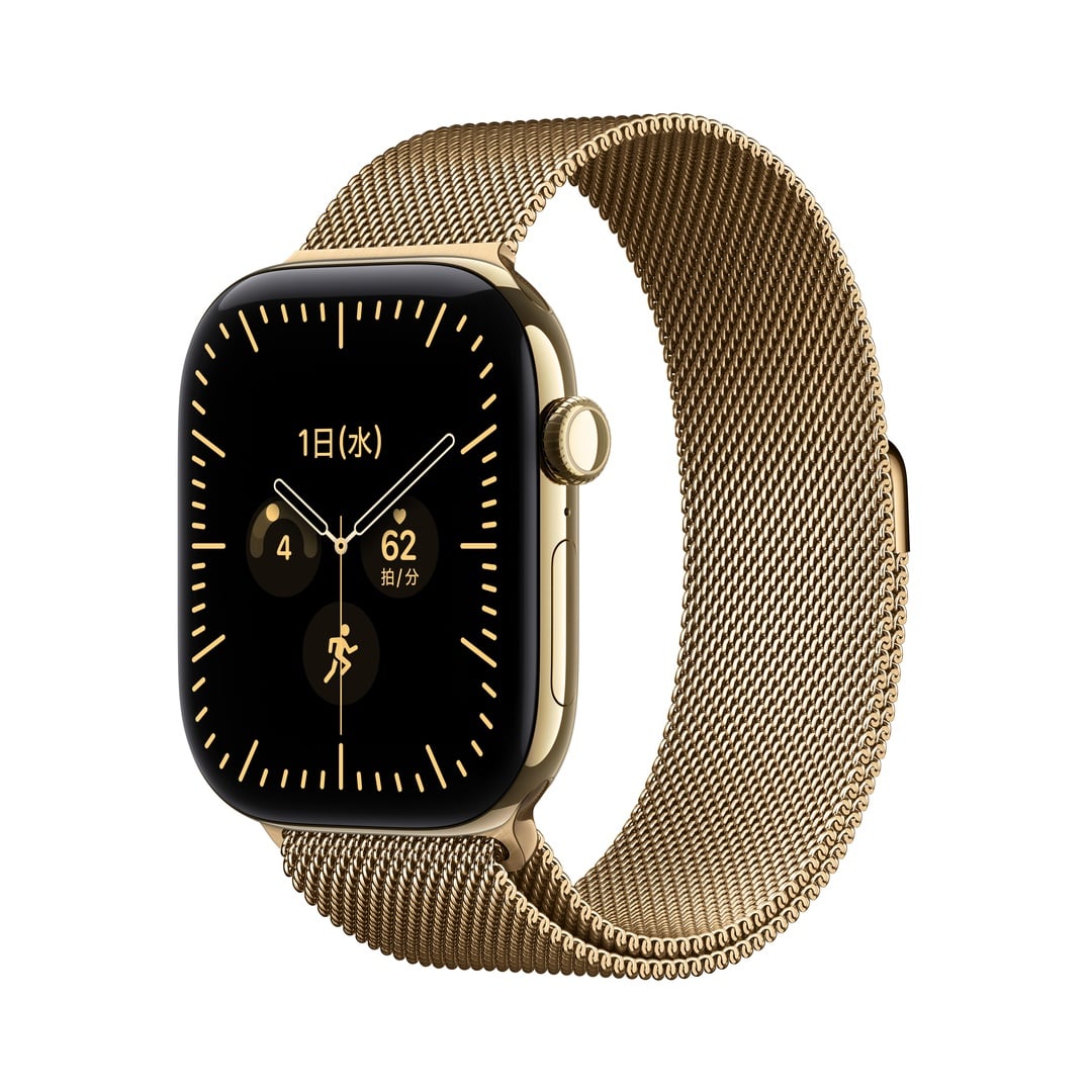 Apple Watch Series 12（GPS + Cellularモデル）- 46mmラディアントゴールドチタニウムケースとラディアントゴールドミラネーゼループ - M/L