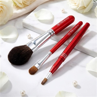 熊野化粧筆メイクブラシ3点セット [灰リス100％チークブラシ（S）＆シャドウブラシ＆携帯リップブラシ]レッドパール
