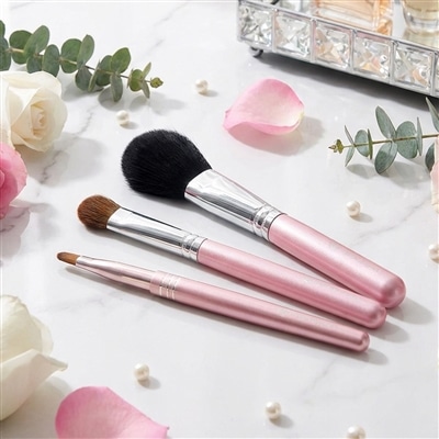 熊野化粧筆メイクブラシ3点セット [最高級山羊チークブラシ＆高級シャドウブラシ＆携帯リップブラシ]ピンクパール