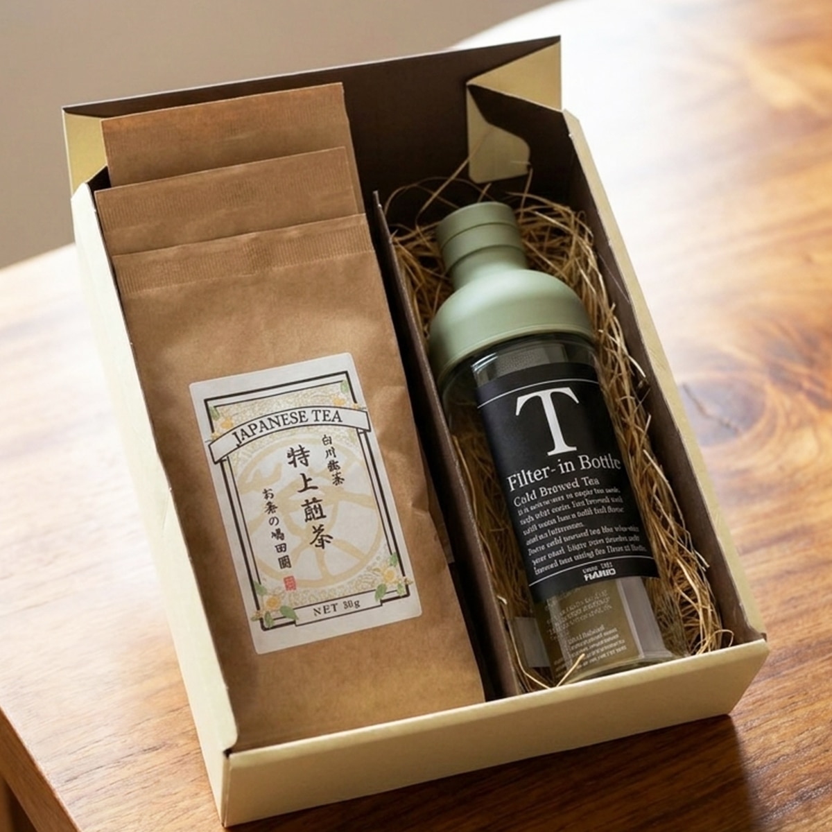 美濃白川茶 水出し茶ミニセット〔HARIOフィルターインボトル300ml、特上煎茶3袋〕